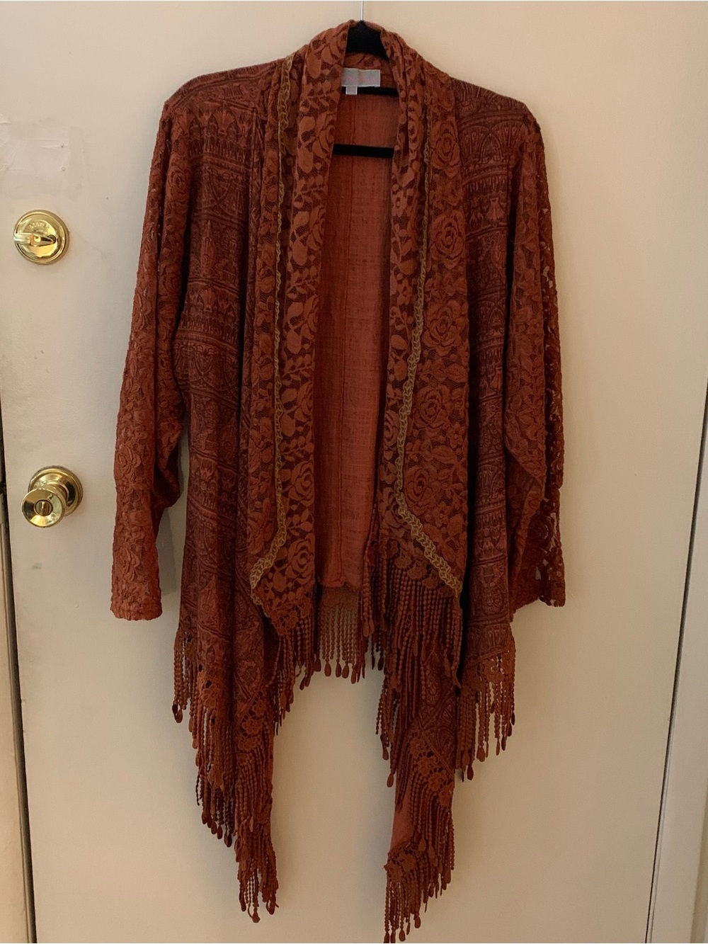 Pretty Angel Rust Fringe Crochet Open-Front Poncho Cardigan